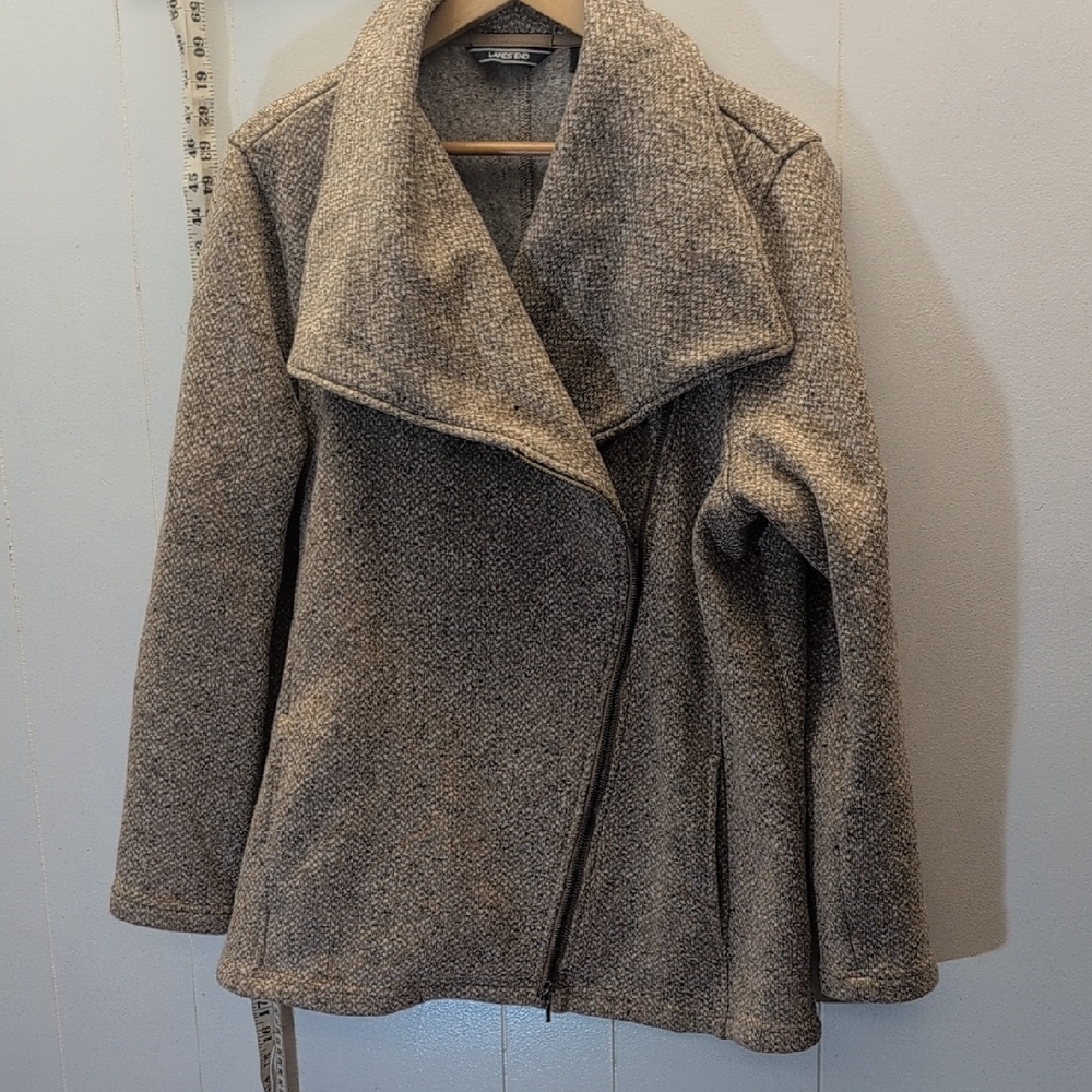 Lands' End Women's Tan Sweater Fleece Knit Moto Waterfall Jacket